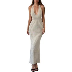 SOLY HUX Women's Crochet Knit Halter Dress Deep V Neck Sleeveless Tie Backless Bodycon Long Dresses