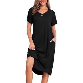 Ekouaer Women Short Sleeve Long Nightgown Soft Sleepwear V Neck Nightshirts Loungewear with Pockets