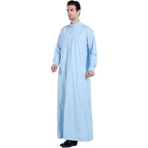Muslim Men Full Sleeve Thobe with Side Pockets Solid Stand Collar Middle East Saudi Arab Long Robe