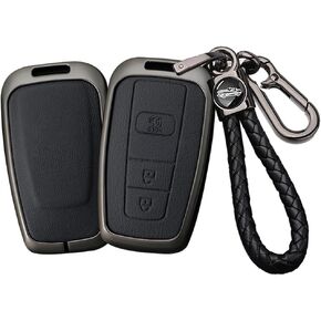 HIBEYO 3 Button Key Fob Cover Compatible with Toyota 4Runner 2016-2024 RAV4 Camry Prius Prado Key Leather & Alloy Key Cover Accessories with Keychians-A Keychain Black