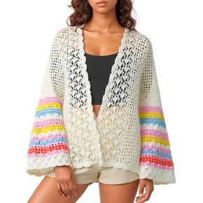 Bell Sleeve Crochet Cardigan for Women White | Lightweight Pointelle Knit Open Front Summer Cardigans | Large Size