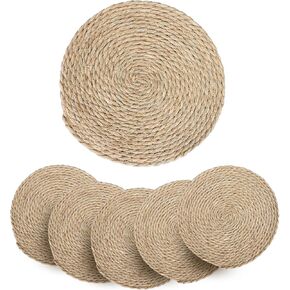 Round Woven Rattan Placemats Set of 6,Thick Dining Table Chargers for Dinner Plates, Water Hyacinth,13 Inch Bulk Rustic Wicker Place Mat for Party,Wedding,Kitchen Island Farmhouse Style Wall Décor