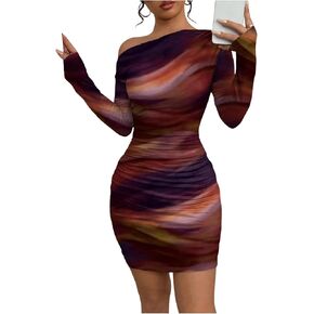 SOLY HUX Women's Sexy Off The Shoulder Bodycon Mini Dress Tie Dye Long Sleeve Ruched Asymmetrical Club Dresses