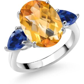 Gem Stone King 7.73 Cttw Yellow Citrine and Blue Created Sapphire 3-Stone Ring For Women | 925 Sterling Silver | 3 Stone Wedding Engagement Anniversary Promise Ring | Available In Size 5-9
