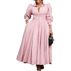 Famnbro Womens Shirt Dress 1950s Long Sleeve Swing Pleated Elegant Casual Church Work Business Dresses