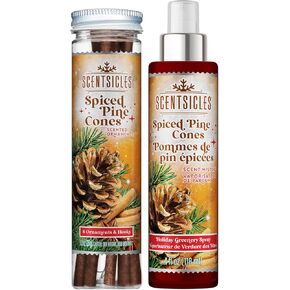 Scentsicles Spiced Pine Cones Scented Christmas Tree Ornaments - 1 Bottle (6 Sticks Total) and 1 Bottle Scent Mister Spray (4 Oz) Multi Pack