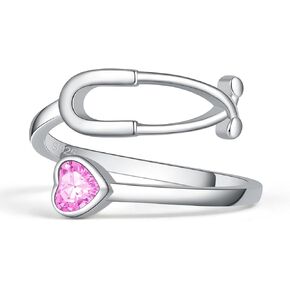 BEILIN Stethoscope Birthstone Rings for Women 925 Sterling Silver Adjustable Heartbeat Ring Nurse Doctor Jewelry Graduation Gifts for Medical Student