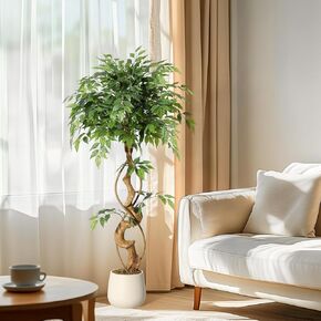 Ficus Artificial Tree with Curved Trunk，5 Feet Faux Plant Fake Silk Trees with White Pot, Fake Ficus Tree for Home Decor, Artificial Plants Indoor for Office Living Room