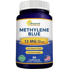 aSquared Nutrition Methylene Blue Capsules - Pharmaceutical Grade Supplement for Humans - 12mg USP Grade - w/Vitamin C & Cacao Powder - Brain, Focus, Energy - Alternative to Drops & Tablets