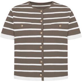 omoone womens striped cardigan سترة قصيرة الأكمام خفيفة الوزن زر الصيف لأسفل قمم المتماسكة اقتصاص in Kuwait