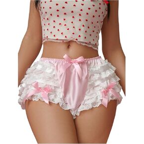 Women's Bow Underwear Satin Lace Trim Ruffle Mid Rise Comfy Underwear