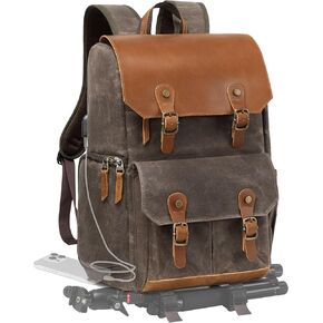 Padwa Lifestyle Coffee Camera Backpack - Weather Resistant Waxed Memory Canvas Camera Backpacks for Photographers,Multi DSLR SLR Camera Bag with 16" Laptop & Lens Compartment and Tripod Holder