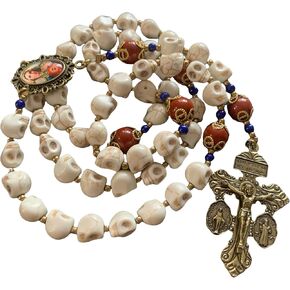 Lcqq handmade vintage Howlite skulls and Red Agate beads 5 decade rosary necklace crucifix cross catholic gift