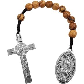 Talisman4u St Benedict Medal عبور كبير ميدالية معجزة واحدة من الزمان واحد الجيب مسبحة الجيب 10 مم حبات صلاة الخشب الزيتون على الطراز المفتوح تينر للرجال للنساء الهدية الكاثوليكية المصنوعة يدويًا كيس الوردية.