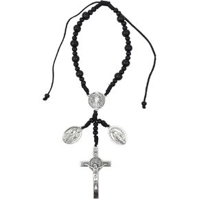Needzo St Benedict Black Cord Auto Rosary, Patron Saint of Protection Car Accessory, Silver Tone Medals, 8 Inches