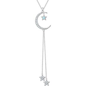 Ladytree 925 Sterling Silver Crescent Moon and Star Necklace with Created Moonstone Long Y Necklace Elegant Jewelry Gift for Women