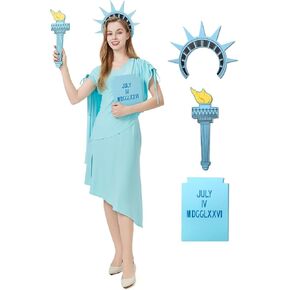 4 PCS Lady Liberty Costume Women‘s Statue of Liberty Outfit with Accessories for Halloween Cosplay Party