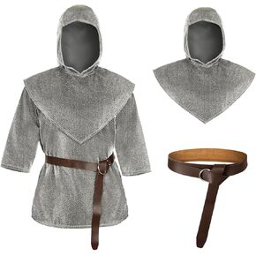 MCJC Medieval Knight Imitative Chain Mail Costume, Renaissance Armor Shirt with Hood and Belt, Gray