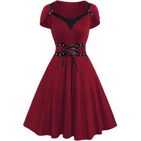 Dressfo Gothic Vintage Vistorian Vampire Retro Solid Grommet Lace Up High Pherced Mini Dress