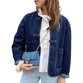 Cicy Bell Womens Cropped Collarless Denim Shirts Jackets Frog Button Trendy Jean Shackets Lightweight Casual Coat