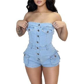 Women's Summer Denim Jumpsuit Sexy Sleeveless Jean Short Rompers with Pockets