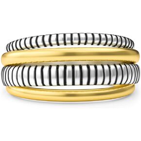 Two-Tone Wide Statement Ring for Women - Gold Silver Crossover Band with Ribbed Texture - Modern Fashion Jewelry Cocktail Ring - Mixed Metal Layered Design
