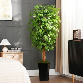 7ft Ficus Artificial Tree with 3 Natural Curved Trunks, 84" Tall Lush Faux Tree for Home Decor Indoor, Green Lifelike Fake Ficus Tree with White Planter Pot