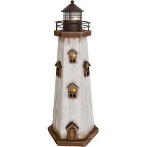 Wooden Lighthouse Decoration with Lights Nautical Tabletop Decor Decorative Tower Light Beach Themed Centerpieces Wood Coastal Home Décor (Off White)