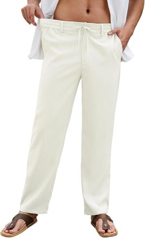 Mens Casual Pants Elastic Waist Drawstring Beach Summer Pants Lightweight Loose Fit Trousers in Saudi Arabia