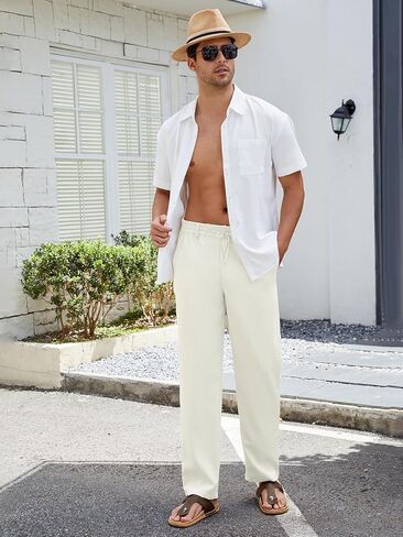 Mens Casual Pants Elastic Waist Drawstring Beach Summer Pants Lightweight Loose Fit Trousers in Saudi Arabia
