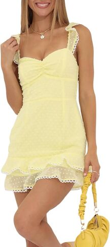 Women Fly Sleeve Mini Dress Sweetheart-Neck Swiss Dot Sleeveless Chiffon Tiered Ruffle Hem Bodycon Dress Streetwear in Saudi Arabia