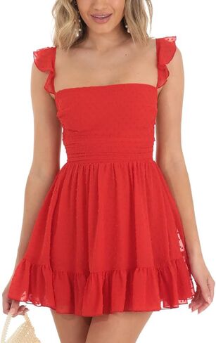 Women Fly Sleeve Mini Dress Sweetheart-Neck Swiss Dot Sleeveless Chiffon Tiered Ruffle Hem Bodycon Dress Streetwear in Saudi Arabia