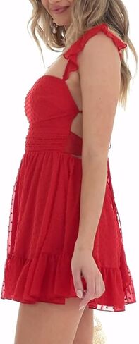 Women Fly Sleeve Mini Dress Sweetheart-Neck Swiss Dot Sleeveless Chiffon Tiered Ruffle Hem Bodycon Dress Streetwear in Saudi Arabia