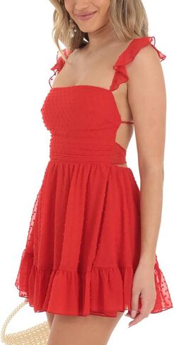 Women Fly Sleeve Mini Dress Sweetheart-Neck Swiss Dot Sleeveless Chiffon Tiered Ruffle Hem Bodycon Dress Streetwear in Saudi Arabia