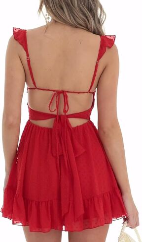 Women Fly Sleeve Mini Dress Sweetheart-Neck Swiss Dot Sleeveless Chiffon Tiered Ruffle Hem Bodycon Dress Streetwear in Saudi Arabia