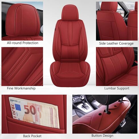 otoez 5Pcs Car Seat Covers Full Set Breatheable and Waterproof Nappa Leather Seat Cover Full Coverage, Universal Automotive Seat Protector for Car Seden SUV Front and Rear Seat Cushion, Red in Kuwait