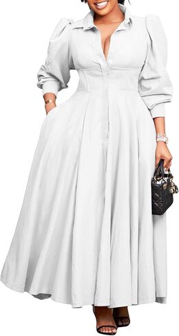 Famnbro Womens Shirt Dress 1950s Long Sleeve Swing Pleated Elegant Casual Church Work Business Dresses in Saudi Arabia