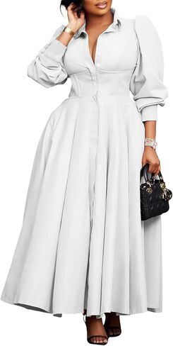 Famnbro Womens Shirt Dress 1950s Long Sleeve Swing Pleated Elegant Casual Church Work Business Dresses in Saudi Arabia