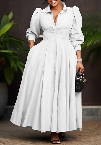 Famnbro Womens Shirt Dress 1950s Long Sleeve Swing Pleated Elegant Casual Church Work Business Dresses in Saudi Arabia