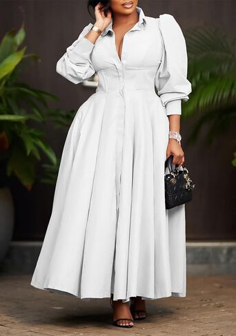 Famnbro Womens Shirt Dress 1950s Long Sleeve Swing Pleated Elegant Casual Church Work Business Dresses in Saudi Arabia