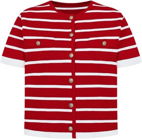 Omoone Womens Striped Cardigan Sweater Short Sleeve Lightweight Summer Button Down Cropped Knit Tops in Kuwait