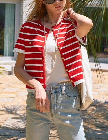 Omoone Womens Striped Cardigan Sweater Short Sleeve Lightweight Summer Button Down Cropped Knit Tops in Kuwait