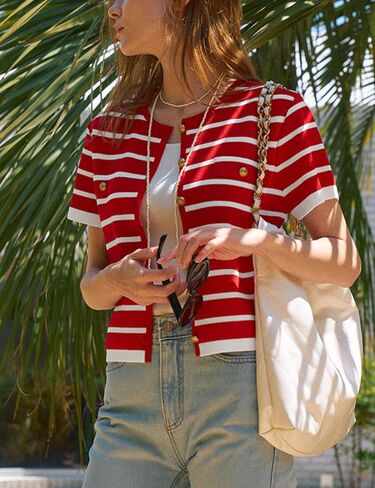Omoone Womens Striped Cardigan Sweater Short Sleeve Lightweight Summer Button Down Cropped Knit Tops in Kuwait