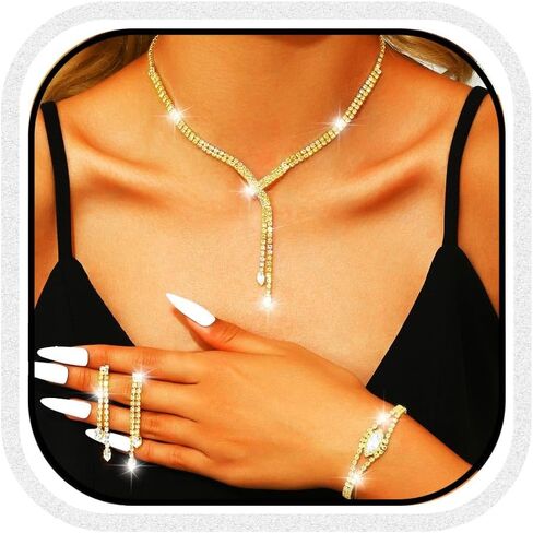 GORAIS Rhinestone Formal Wedding Jewelry Set Silver Prom Necklace Earrings Bracelet Set Bridal Costume Jewelry for Women Brides in Saudi Arabia