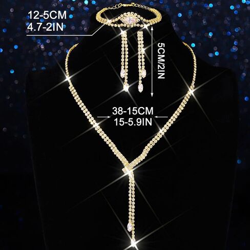 GORAIS Rhinestone Formal Wedding Jewelry Set Silver Prom Necklace Earrings Bracelet Set Bridal Costume Jewelry for Women Brides in Saudi Arabia