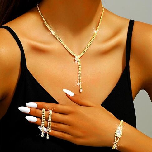 GORAIS Rhinestone Formal Wedding Jewelry Set Silver Prom Necklace Earrings Bracelet Set Bridal Costume Jewelry for Women Brides in Saudi Arabia