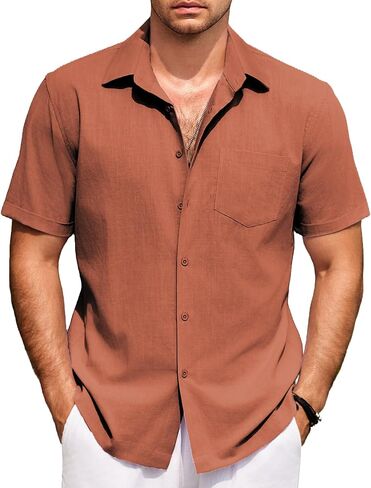 COOFANDY Mens Short Sleeve Button Down Shirts 100% Cotton Beach Style Textured Shirts in Saudi Arabia