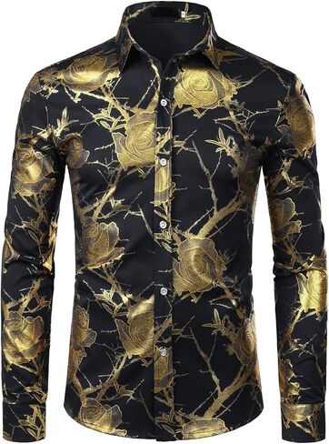 ZEROYAA Mens Hipster 3D Golden Rose Floral Printed Slim Fit Long Sleeve Button Down Dress Shirts in Saudi Arabia
