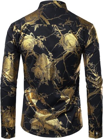 ZEROYAA Mens Hipster 3D Golden Rose Floral Printed Slim Fit Long Sleeve Button Down Dress Shirts in Saudi Arabia