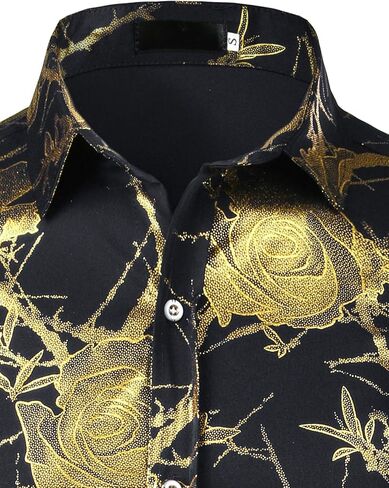 ZEROYAA Mens Hipster 3D Golden Rose Floral Printed Slim Fit Long Sleeve Button Down Dress Shirts in Saudi Arabia